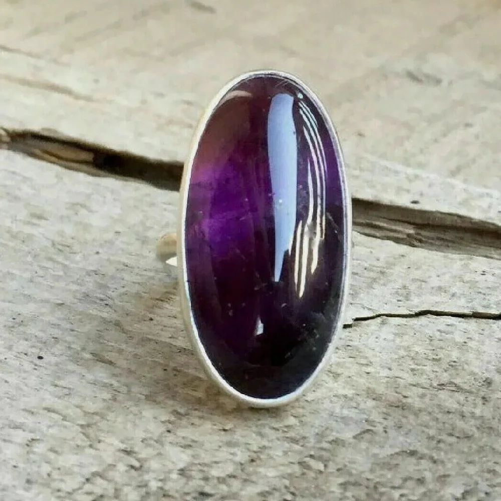 New Sterling Silver Long Oval Purple Amethyst Oblong Artisan Handmade Ring
